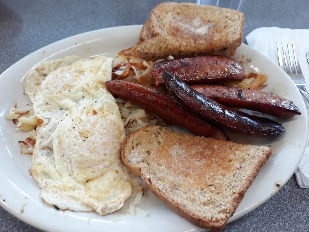 German Sausage Hasbrowns Eggs and Toast